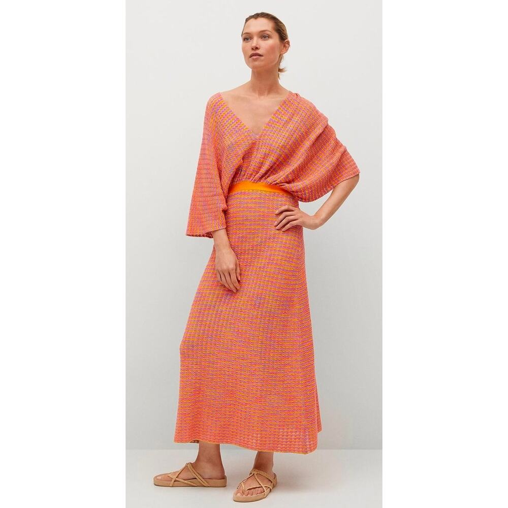 MNG Multicolored Crochet Knit Maxi Dress Orange Pink V-Neck Oversized Boho Sz 10